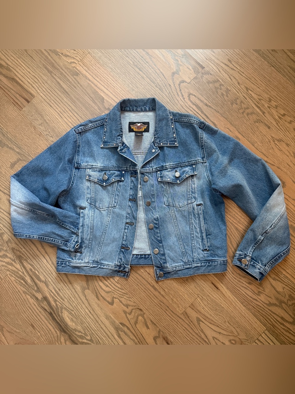 VTG 90s Y2K Harley Davidson denim Jacket L STUDDED Flag Graphic Oversized Canada